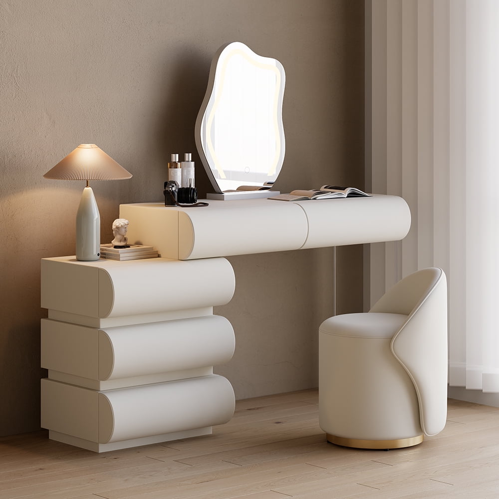 Modern White PU Leather Vanity Set with LED Mirror and Stool