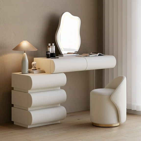 Homary Humply Modern White Makeup Vanity Set PU Leather Dressing Table with Stool & LED Mirror