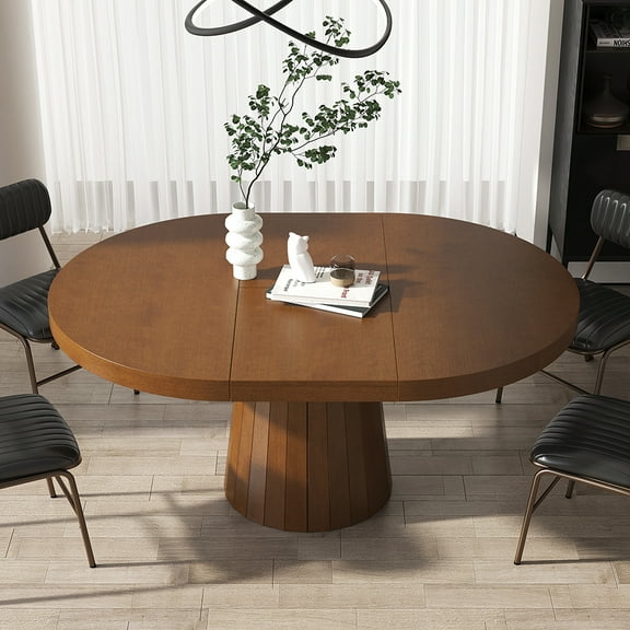 Homary Japandi 39"-55" Extendable Dining Table 6-Seater Walnut Oval&Round Table Pedestal
