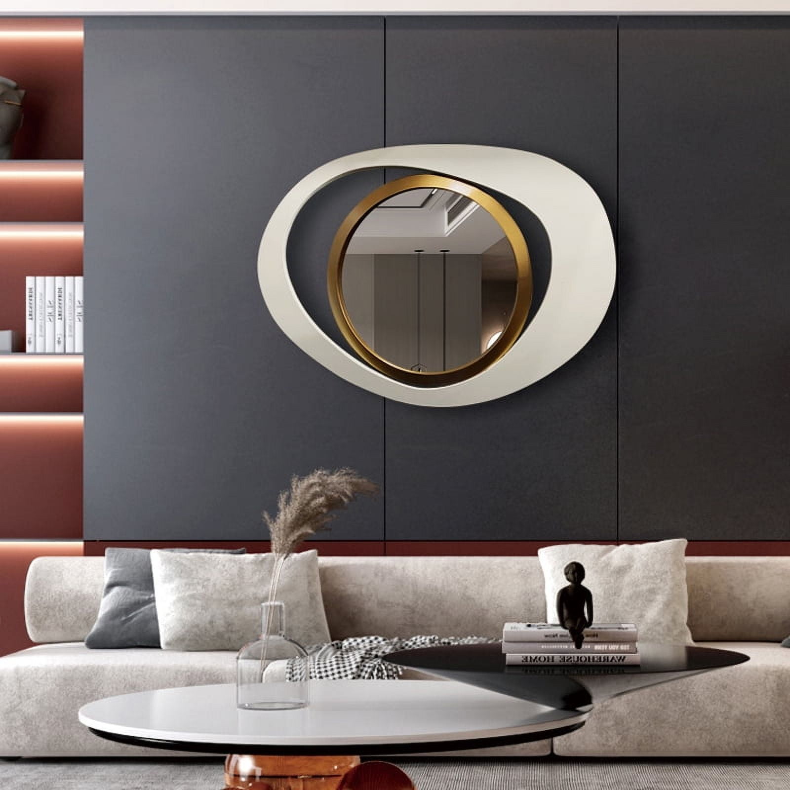 Homary Modern 23.6" Wall Mirror Decor Large White & Gold Abstract Geometry Wall Mirror Decor Living Room Bedroom