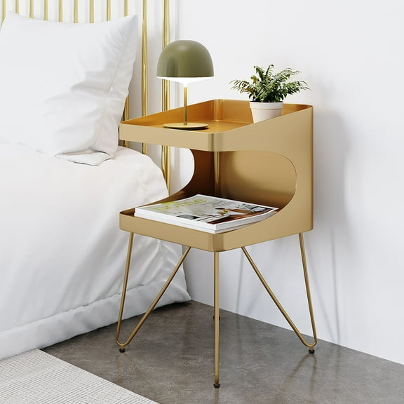 Homary Modern Gold Metal Nightstand with 2 Shelves and Handle Bedside Table