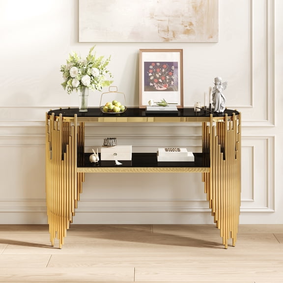 Newdopro 47 Inch Modern Luxury 2-Tier Oval Console Table, Black Tempered Glass Top Gold Stainless Steel Legs