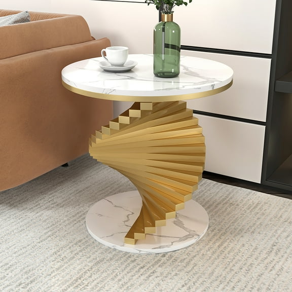 Homary Modern White Round Metal Side Table with Faux Marble Tabletop End Table