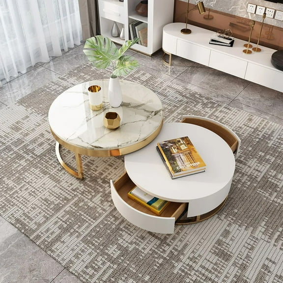 Homary Nesnesis Modern Round Sintered Stone Nesting Wood Coffee Table with Drawers in White