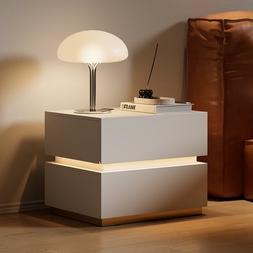 White MDF Smart Nightstand with LED Light and Wireless Charging