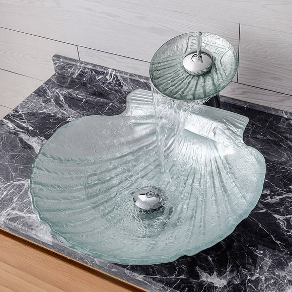 Homary Vessel Transparent Shell Shaped Crystal Glass Bowl Bathroom Wash Sink with Faucet