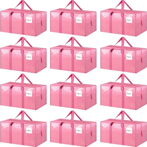 Homaryx 12 Pack Extra Heavy Duty Large Moving Bags with Strong Zipper & Comfortable Handles, Sturdy & Durable Clothes Storage Bags Totes Bins, Packing Moving Boxes for College Supplies, Pink