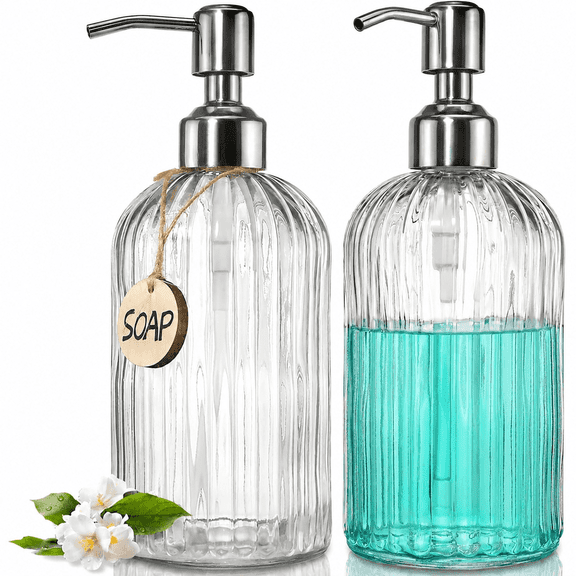 Homaryx 2 Pack 18 oz Glass Soap Dispenser with Rust-Proof Stainless Steel Pump, Refillable Vertical Stripe Hand Soap Dispenser for Bathroom and Kitchen