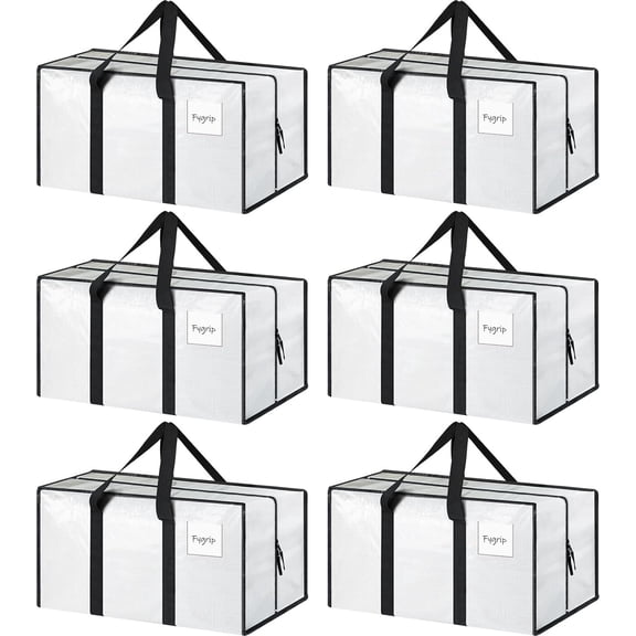 Homaryx 6 Pack Extra Heavy Duty Large Moving Bags with Strong Zipper & Comfortable Handles, Sturdy & Durable Clothes Storage Bags Totes Bins, Packing Moving Boxes for College Supplies, White