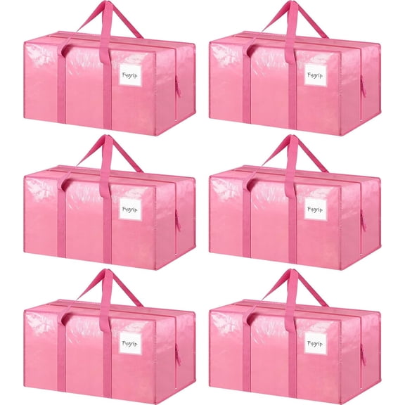 Homaryx 6 Pack Extra Heavy Duty Large Moving Bags with Strong Zipper & Comfortable Handles, Sturdy & Durable Clothes Storage Bags Totes Bins, Packing Moving Boxes for College Supplies, Pink