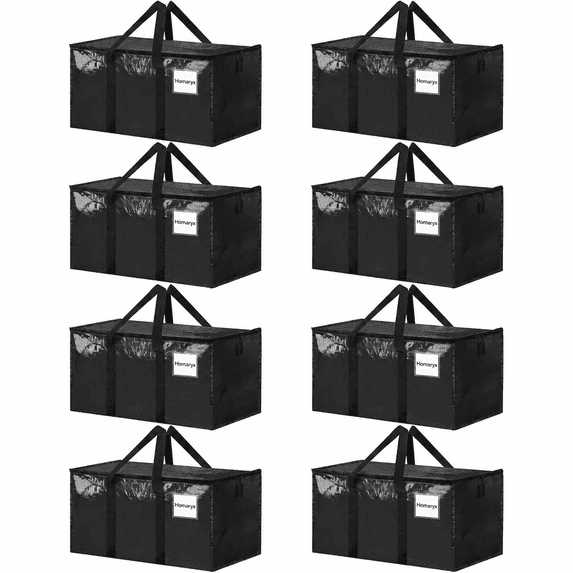 Homaryx 8 Pack Extra Large Heavy Duty Moving Bags, Black Storage Totes with Zippered Lids and Reinforced Handles for Clothes, Dorm and Moving, Black