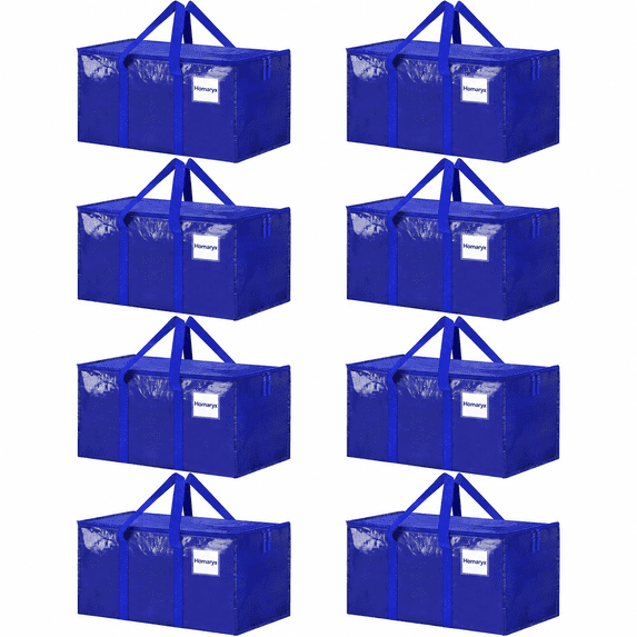 Homaryx 8 Pack Extra Large Heavy Duty Moving Bags, Blue Storage Totes with Zippered Lids and Reinforced Handles for Clothes, Dorm and Moving, Blue