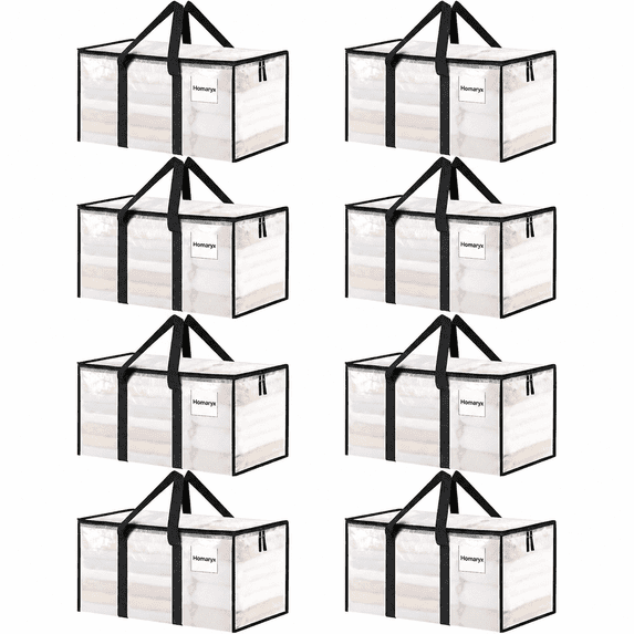 Homaryx 8 Pack Extra Large Heavy Duty Moving Bags, Clear Storage Totes with Zippered Lids and Reinforced Handles for Clothes, Dorm and Moving, Clear