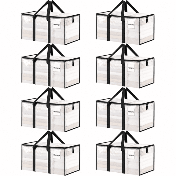 Homaryx 8 Pack Extra Large Heavy Duty Moving Bags, Clear Storage Totes with Zippered Lids and Reinforced Handles for Clothes, Dorm and Moving, Clear