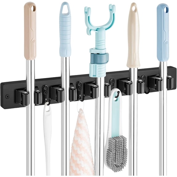 Homaryx Black Wall Mount Mop and Broom Holder, 5 Slots and 4 Hooks