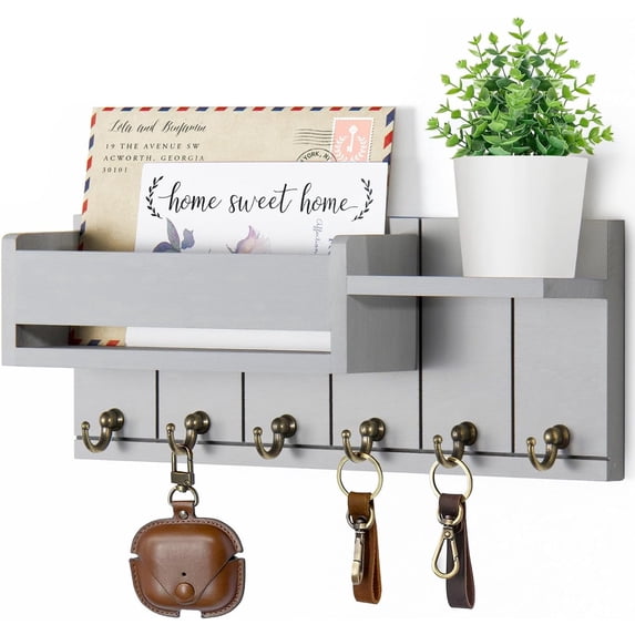 Homaryx Key Holder Wall Mount with Shelf, Wooden Key Hooks and Mail Organizer for Entryway, Living Room, Hallway, Modern Home Decor Gray