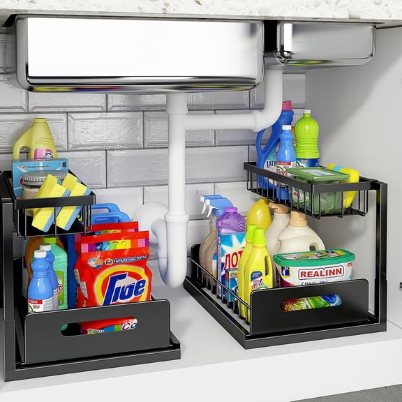 Homaryx L-Shaped 2-Tier Metal Pull-Out Under Sink Organizer, Black, 2 Pack