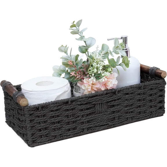 Homaryx Round Paper Rope Storage Basket Wicker Baskets for Organizing with Handle Decorative Storage Bins for Countertop Toilet Paper Basket for Toilet Tank Top Small Baskets,Black