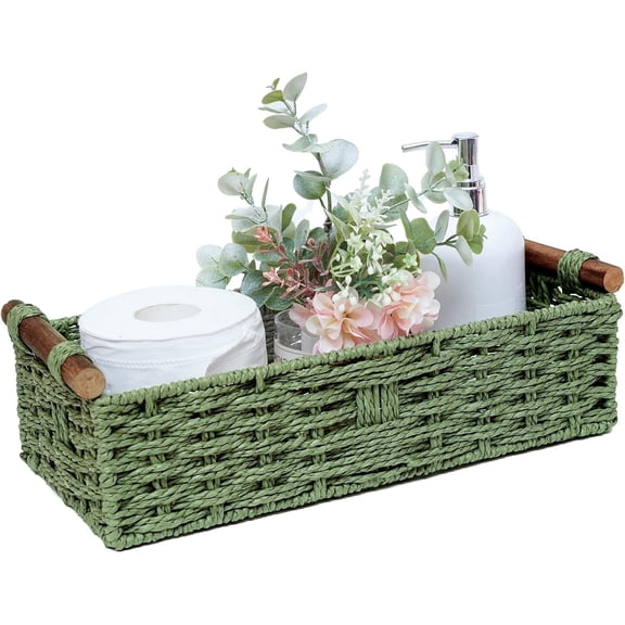 Homaryx Round Paper Rope Storage Basket Wicker Baskets for Organizing with Handle Decorative Storage Bins for Countertop Toilet Paper Basket for Toilet Tank Top Small Baskets , Green