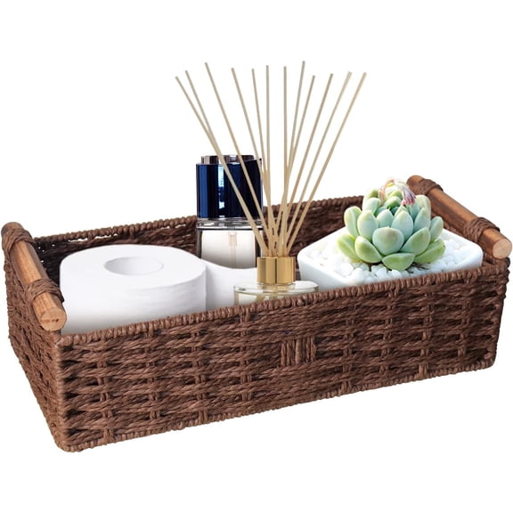 Homaryx Round Paper Rope Storage Basket Wicker for Organizing with Handle, Decorative Bins Countertop Toilet Paper for Tank Top Small Set, Brown