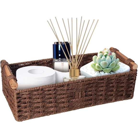 Homaryx Round Paper Rope Storage Basket Wicker for Organizing with Handle, Decorative Bins Countertop Toilet Paper for Tank Top Small Set, Brown