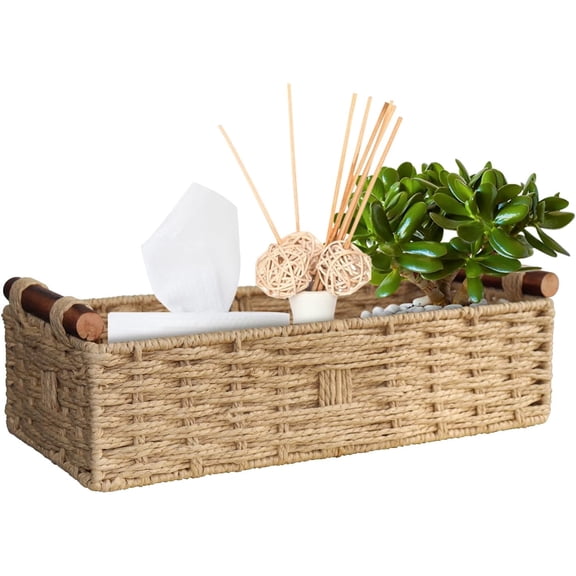 Homaryx Round Paper Rope Storage Basket with Handle, Beige, 14.5in x 6.6in x 3.74in
