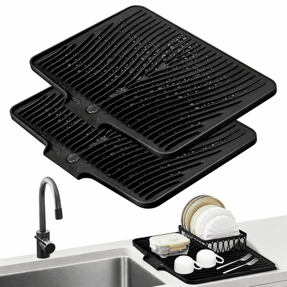 Homaryx Silicone Dish Drying Mat, Heat Resistant Non-Slip Drain Pad, Quick Dry, Dishwasher Safe, Roll-Up Storage, Black, 20" x 15", 2 Pack