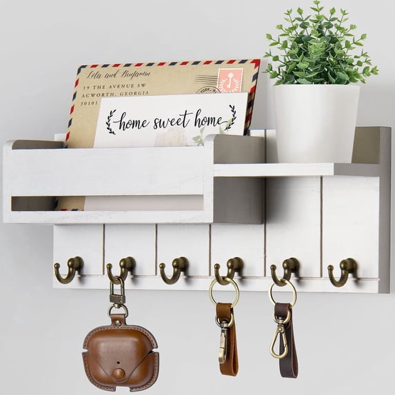 Homaryx Wall Mounted Key Holder with Shelf and Mail Organizer, Wooden Key Hanger Rack for Entryway, Living Room, Hallway Home Essentials White
