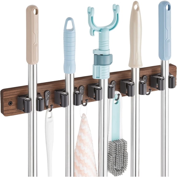 Homaryx Wood Wall Mount Mop and Broom Holder, 5 Slots and 4 Hooks