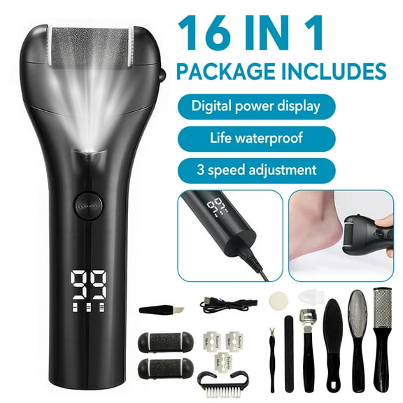 Homasy 16-in-1 Electric Foot Callus Remover, Professional Pedicure Tools Foot Care Kit, 3 Rollers & 3 Level Speeds Foot Scrubber Electric Feet File Tools with Battery Display