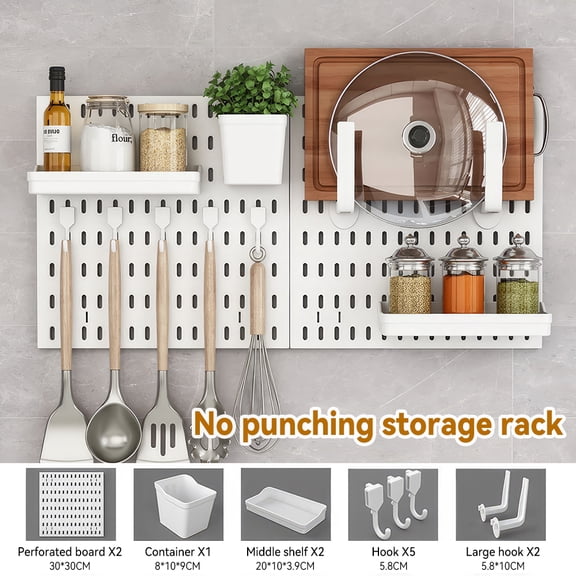 Homasy 12Pcs Punch-Free Pegboard Combination Wall Organizer Kit, 2 Pcs 12''x12'' White Modular Pegboard Panels with 10 Hanging Accessories, Wall Mount Storage Shelves for Kitchen/Bedroom/Office