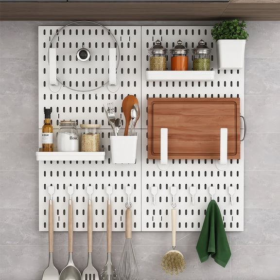Homasy 14Pcs Punch-Free Pegboard Combination Wall Organizer Kit, 2 Pcs 12''x12'' White Modular Pegboard Panels with 10 Hanging Accessories, Wall Mount Storage Shelves for Kitchen/Bedroom/Office