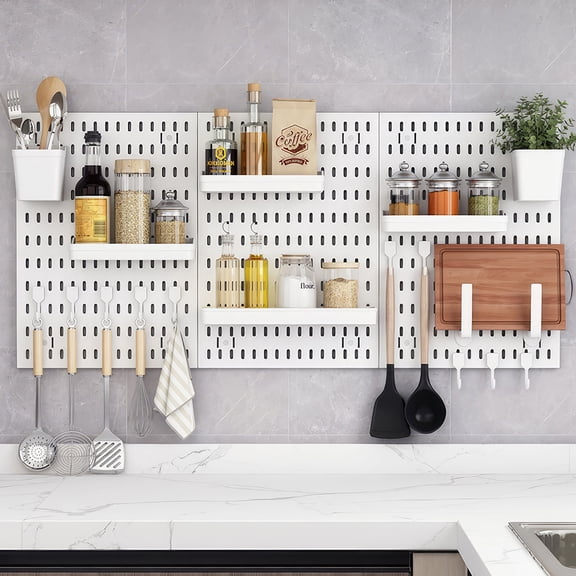 Homasy 22Pcs Punch-Free Pegboard Combination Wall Organizer Kit, 2 Pcs 16''x11.5'' White Modular Pegboard Panels with 10 Hanging Accessories, Wall Mount Storage Shelves for Kitchen/Bedroom/Office