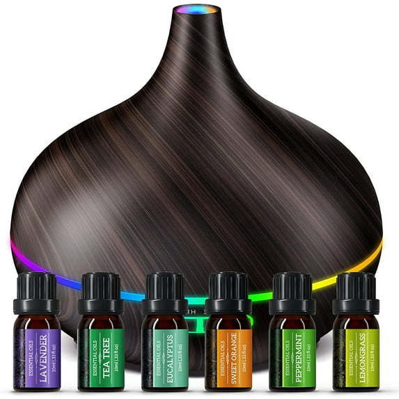Homasy 500ml Aromatherapy Diffuser with Essential Oil Set 6x10mL, 23dB Super Quiet Essential Oil Diffuser Gift Set with 14 Color Lights 4 Timers for Home Bedroom Office