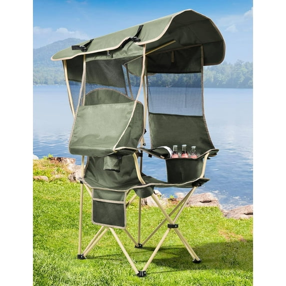 Homasy Outdoor Folding Camping Chair, Portable Retractable Canopy Swing Chair, 330 LBS Weight Capacity 50+ UPF Sunshade Chair, with Cup Holder & Storage Pocket