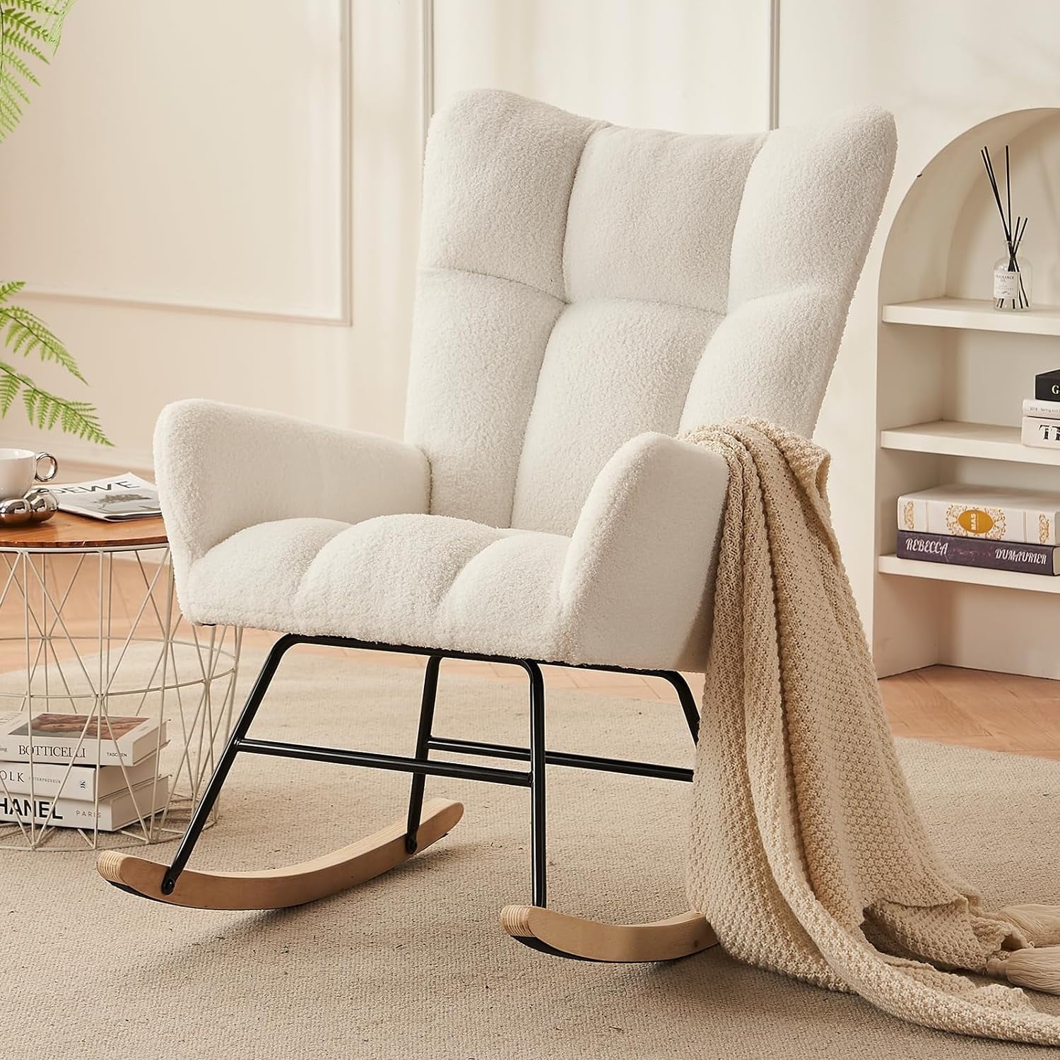 Ivory Boucle Upholstered Rocking Chair with Wood and Iron Frame