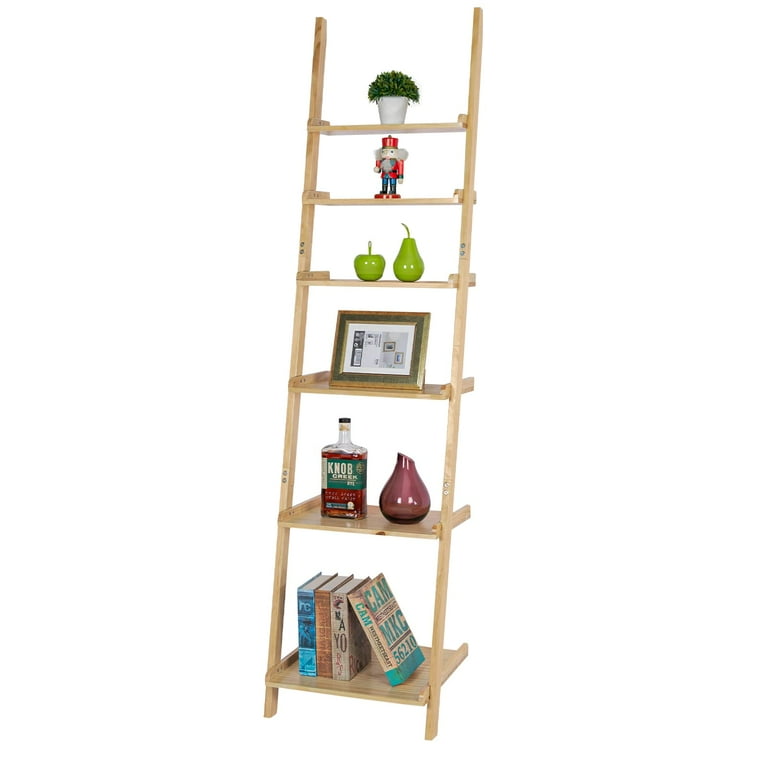 Leaning oak ladder shelf top