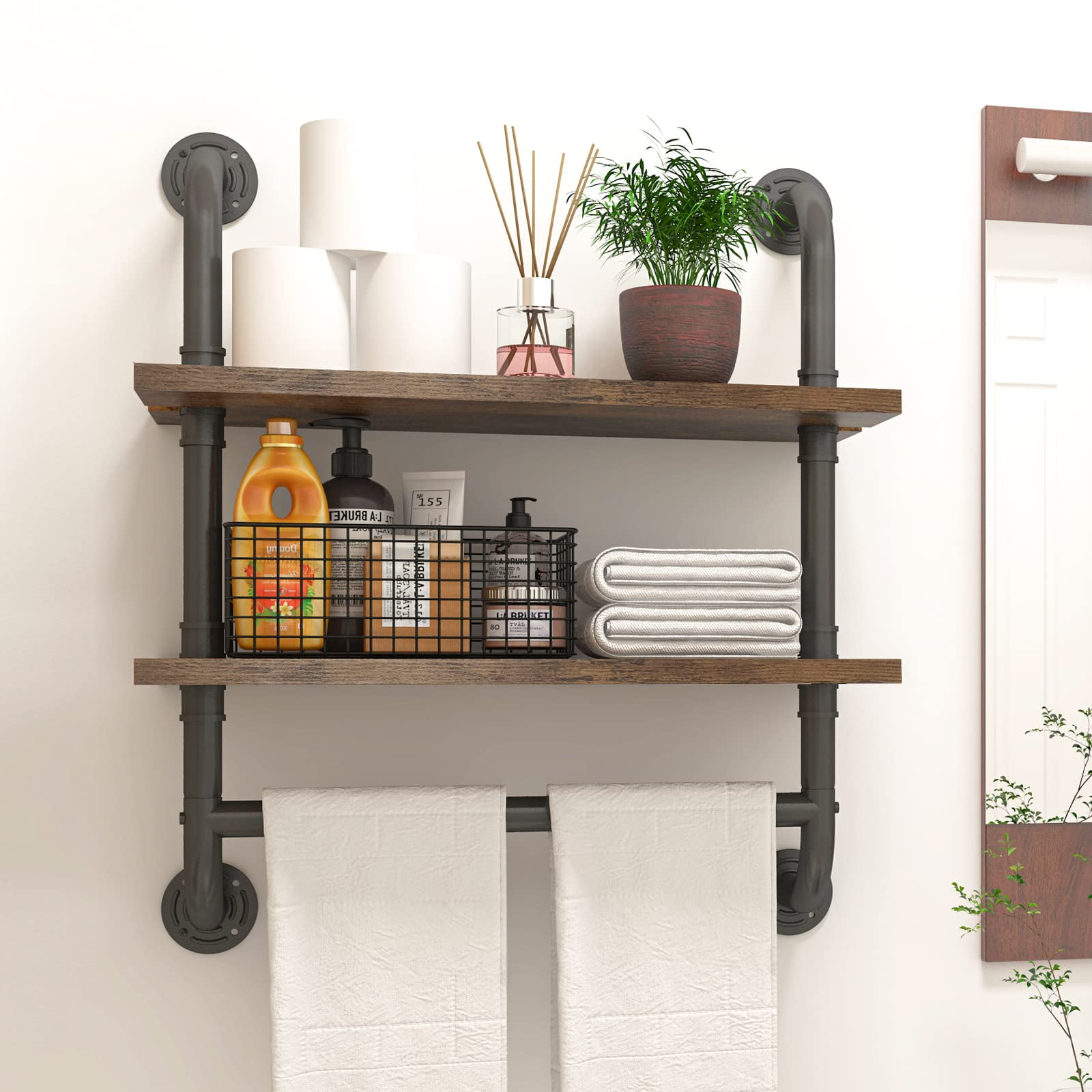 Industrial pipe shelf with towel bar sale