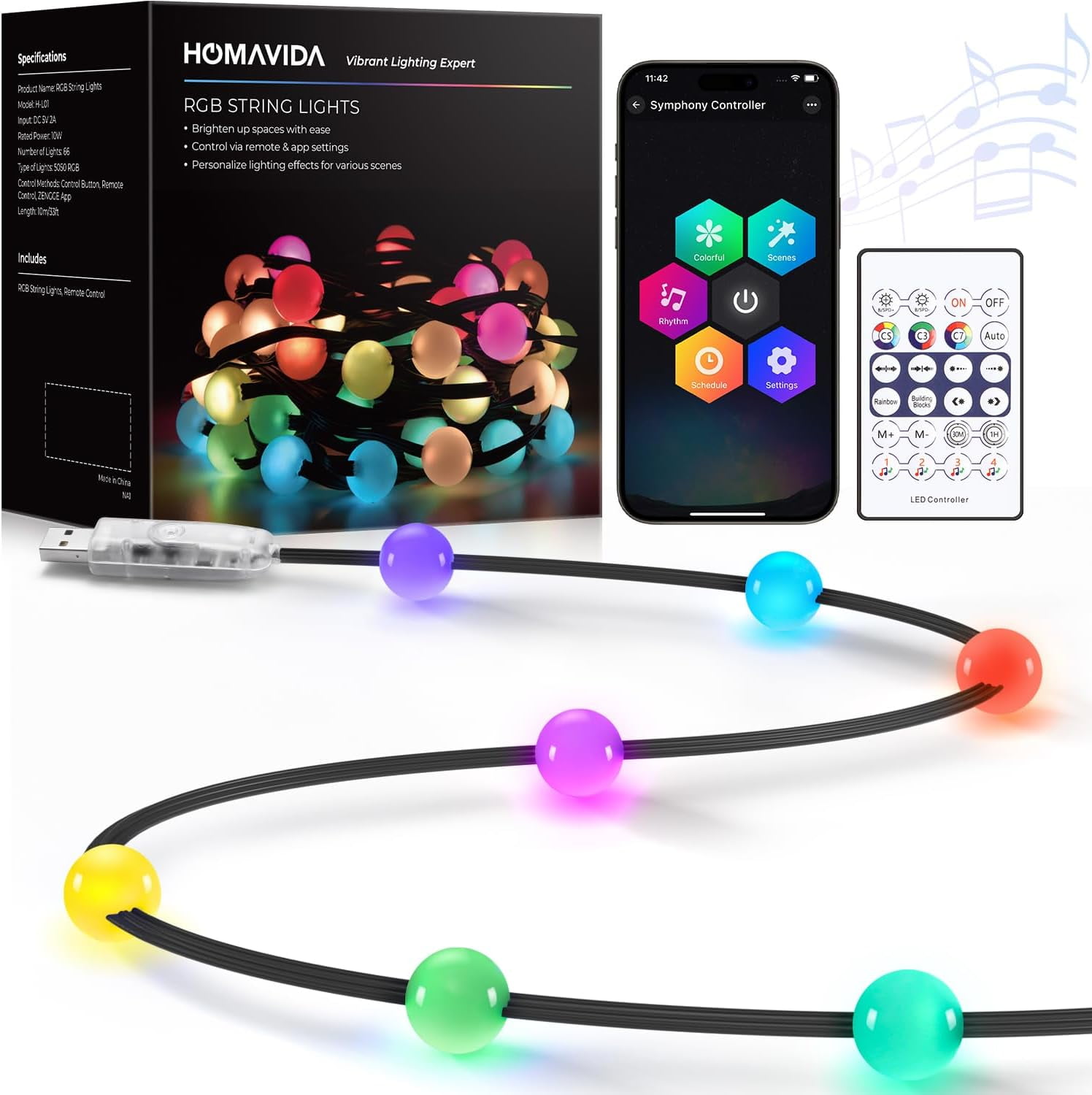 Homavida 33FT RGB Christmas String Lights Outdoor with Bluetooth App