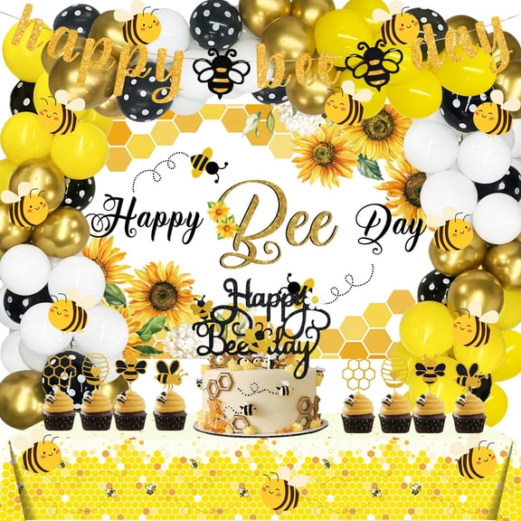 Hombae Happy Bee Day Themed Birthday Party Decorations - 158 PCs Backdrop, Balloon Garland, Banner, Tablecloth, Cake & Cupcake Toppers, Cutout Honey & Bumble Bee Yellow & Black A101