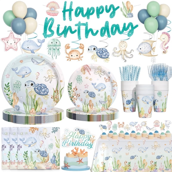 Hombae Under the Sea Party Decoratations - 192 Pcs Sea Turtle Birthday Party Supplies with Turtle Plates, Banner, Hanging Swirls for Ocean Animal Themed Decor A101