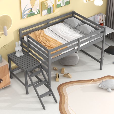 Hombay Kids Child Full Loft Bed with Platform Ladder, Pine Wood Slat Bed Frame with Safety Guardrails, No Box Spring Needed
