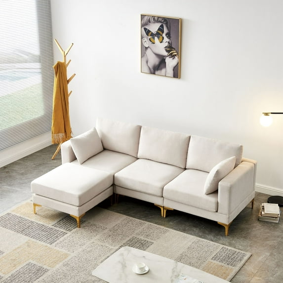 Hombay Modern Convertible L Shaped Sectional Sofa, 100% Polyester 4-Seater Modular Couch with Chaise Ottoman Pillows Metal Legs for Living Room Apartment Office