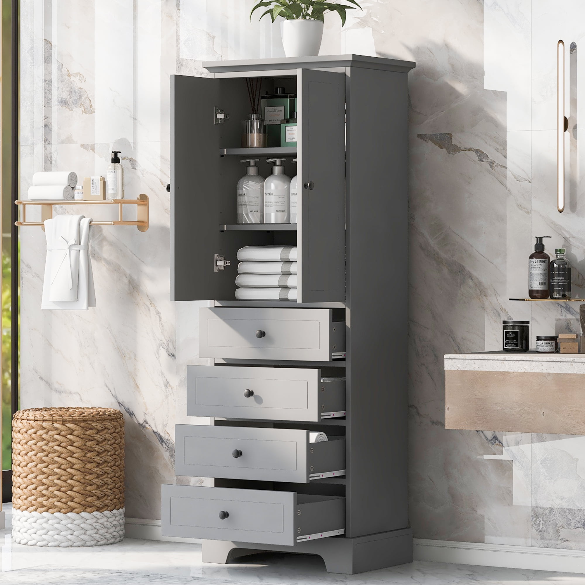 Hombay Tall Bathroom Storage Cabinet with 2 Doors and 4 Drawers, Wood ...