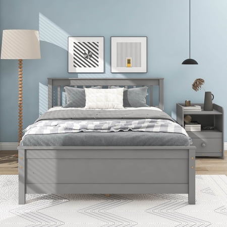 Hombay Twin / Full Size Platform Bed with Headboard Nightstand and Footboard, Slats Foundation Pine Wood Bed Frame, No Box Spring Needed