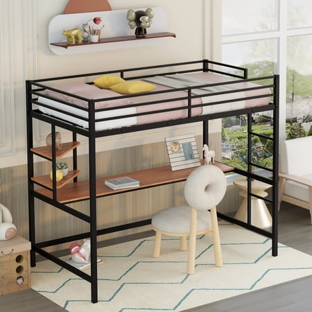 Hombay Twin Size Metal Loft Bed with Desk and Storage Shelves, Child Kids Bed Frame with Ladder Safety Guardrails No Box Spring Needed