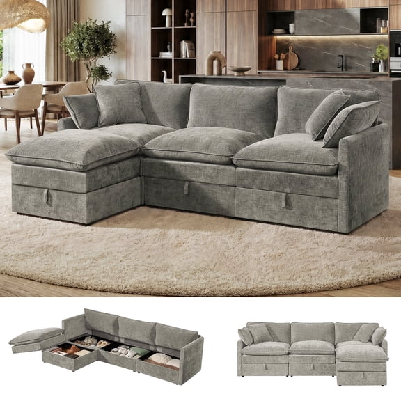 Hombryzy 103" Deep Seat Sectional Sofa with Storage, L Shaped Cloud Couch with Movable Ottomans for Living Room,Grey