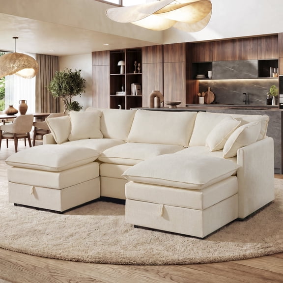 Hombryzy 103" Deep Seat Sectional Sofa with Storage, U Shaped Cloud Couch with Movable Ottomans for Living Room,Beige