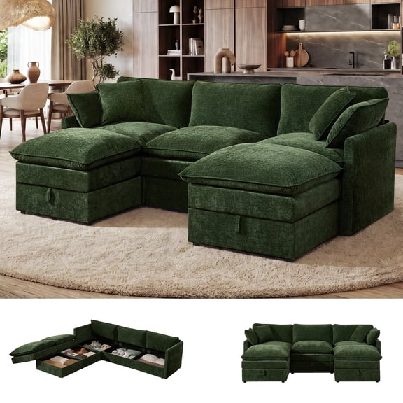 Hombryzy 103" Deep Seat Sectional Sofa with Storage, U Shaped Cloud Couch with Movable Ottomans for Living Room,Green