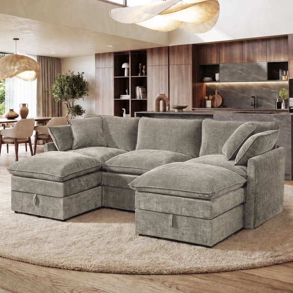 Hombryzy 103" Deep Seat Sectional Sofa with Storage, U Shaped Cloud Couch with Movable Ottomans for Living Room,Grey